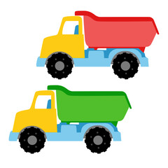 Vector colored toy trucks for children on a white isolated background.