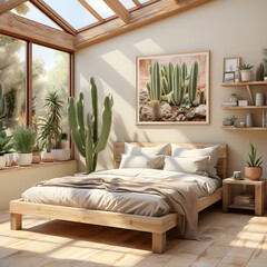 Boho Aesthetic bedroom, realistic photo, with wooden bed, cactus plants, sunlight coming from window and roof, photo frame of cactus, beige linen sheets, vases, wooden night stands, shelves, bohemian 