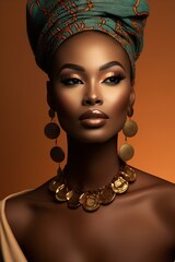 Close-up of a high-fashion model with captivating African features, exuding an air of refinement and grace. She wears a tasteful design outfit that highlights her unique beauty and personal style.
