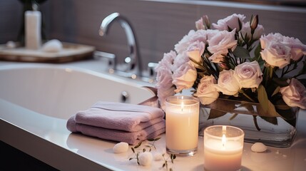 exquisite bathroom interior with beautiful floral decor and candlelight