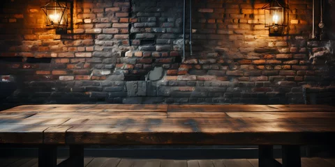 Photo sur Plexiglas Mur de briques empty wooden table with dark brick wall background