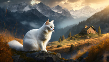White cat on a stone in the mountains at sunrise. - Powered by Adobe