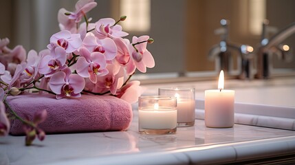 exquisite bathroom interior with beautiful floral decor and candlelight
