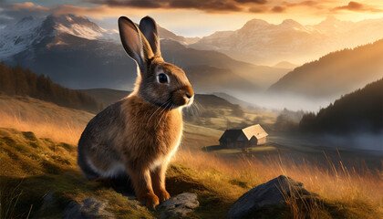 Rabbit in the mountains at sunrise. Hares in the mountains.  - obrazy, fototapety, plakaty