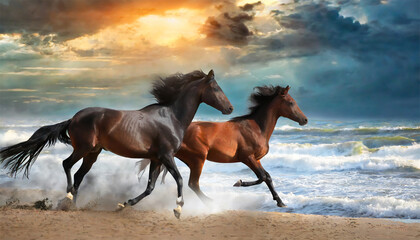 horse galloping on the beach at sunset.