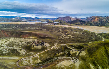 Aerial view of Volcanic Crater Landscape at Landmannalaugar,  Iceland