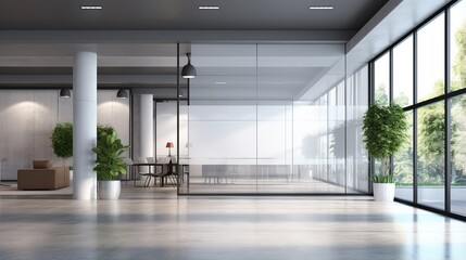contemporary office corridor interior with mock up white billboard, glass doors, and modern furniture on concrete floors - architectural and design concept - Powered by Adobe