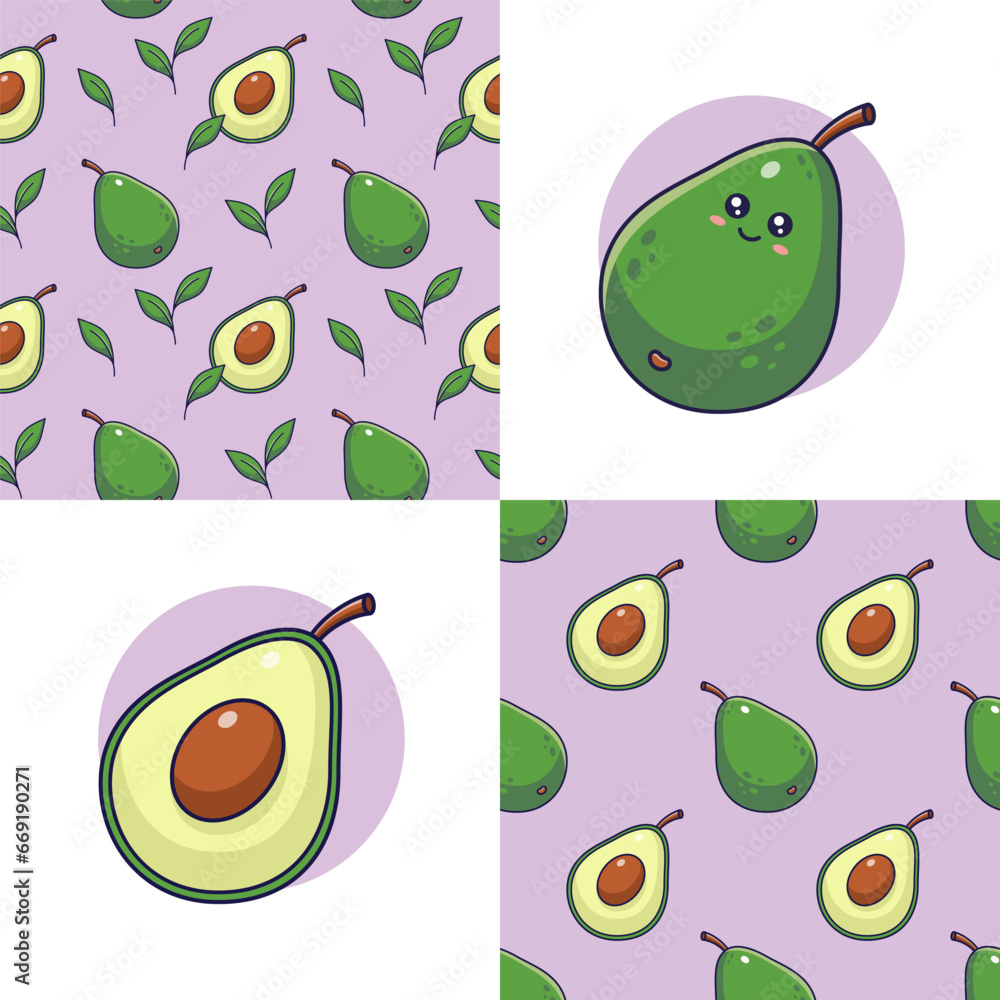 Wall mural set of cute kawaii avocado patterns. food fruit flat icon. cartoon avocado seamless pattern, doodle 