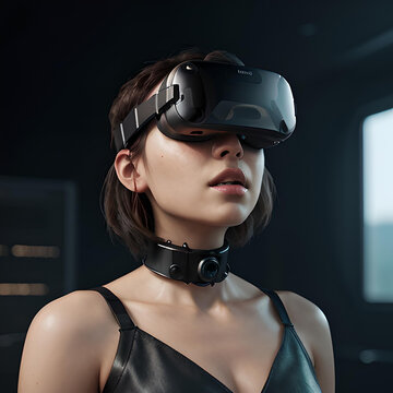 AI generated image of a woman with a Virtual Reality glass and immersed in a virtual world 