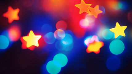 Star shaped bokeh, blurred lights, christmas decoration, multicolor blurry shapes, rainbow stars, christmas light, garland, depth of field, haze, blurry background