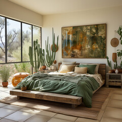 Boho Aesthetic bedroom, realistic photo, with wooden bed, cactus plants, sunlight coming from window, photo frame of cactus, deep green linen sheets and pillows, vases, wooden night stands, bohemian