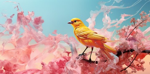 a yellow bird is sitting on a branch, in the style of striking digital surrealism