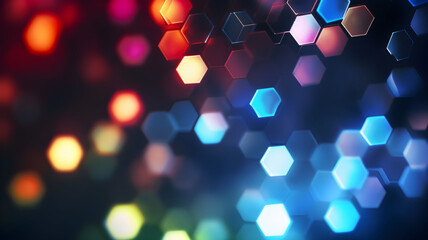 Dark hexagonal background, bokeh, honeycomb, blurred hex background, light with hexagonal shapes, blurry light, blurry background colorful, night lights, city lights, haze, depth of field,
