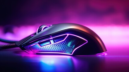 A wireless gaming mouse with color illumination on a glass tabletop, purple-black with depth of field, created with Generative AI technology. - obrazy, fototapety, plakaty