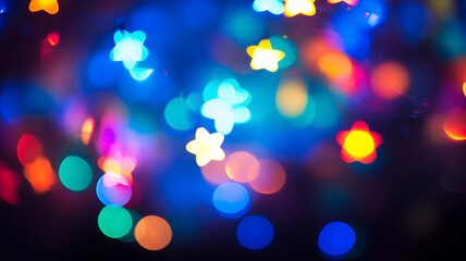 Star shaped bokeh, blurred lights, christmas decoration, multicolor blurry shapes, rainbow stars, christmas light, garland, depth of field, haze, blurry background