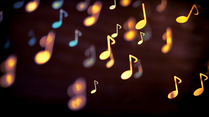 music note on a black background, blurry lights, gold musical note, bokeh, abstract background, concert, music party, singing event, music event - obrazy, fototapety, plakaty