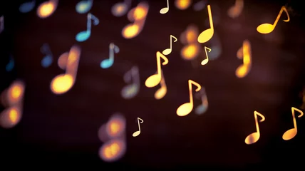 Keuken spatwand met foto music note on a black background, blurry lights, gold musical note, bokeh, abstract background, concert, music party, singing event, music event © Ncorp