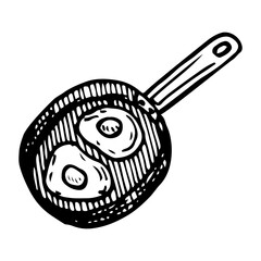 Frying pan with scrambled eggs sketch. Preparing breakfast. Hand drawn illustration.