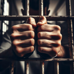 A man holding his hands inside a jail cell close up hands. ai generative