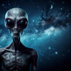 alien portrait looking camera at starry night sky background. ai generative