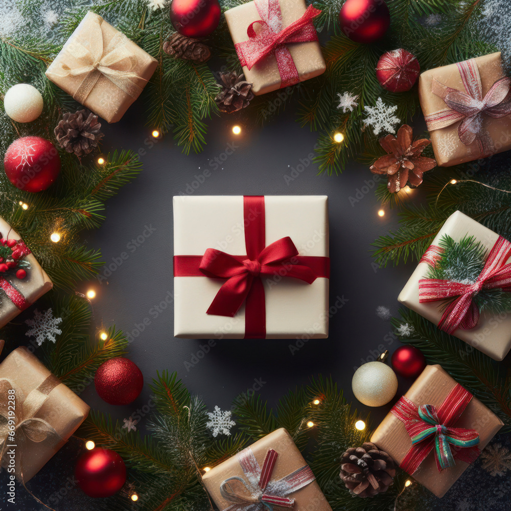 Poster christmas gifts with fir tree branches background with blank copy space. ai generative