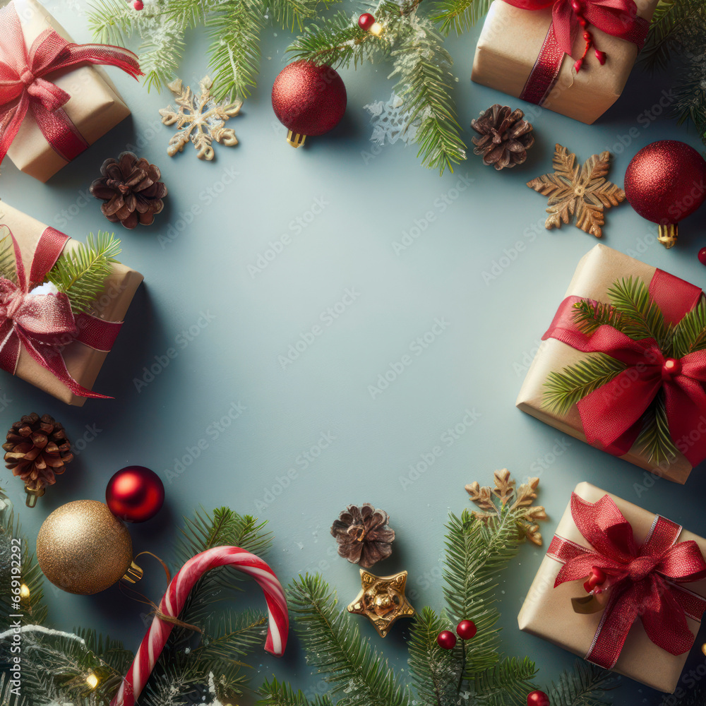 Poster christmas gifts with fir tree branches background with blank copy space. ai generative
