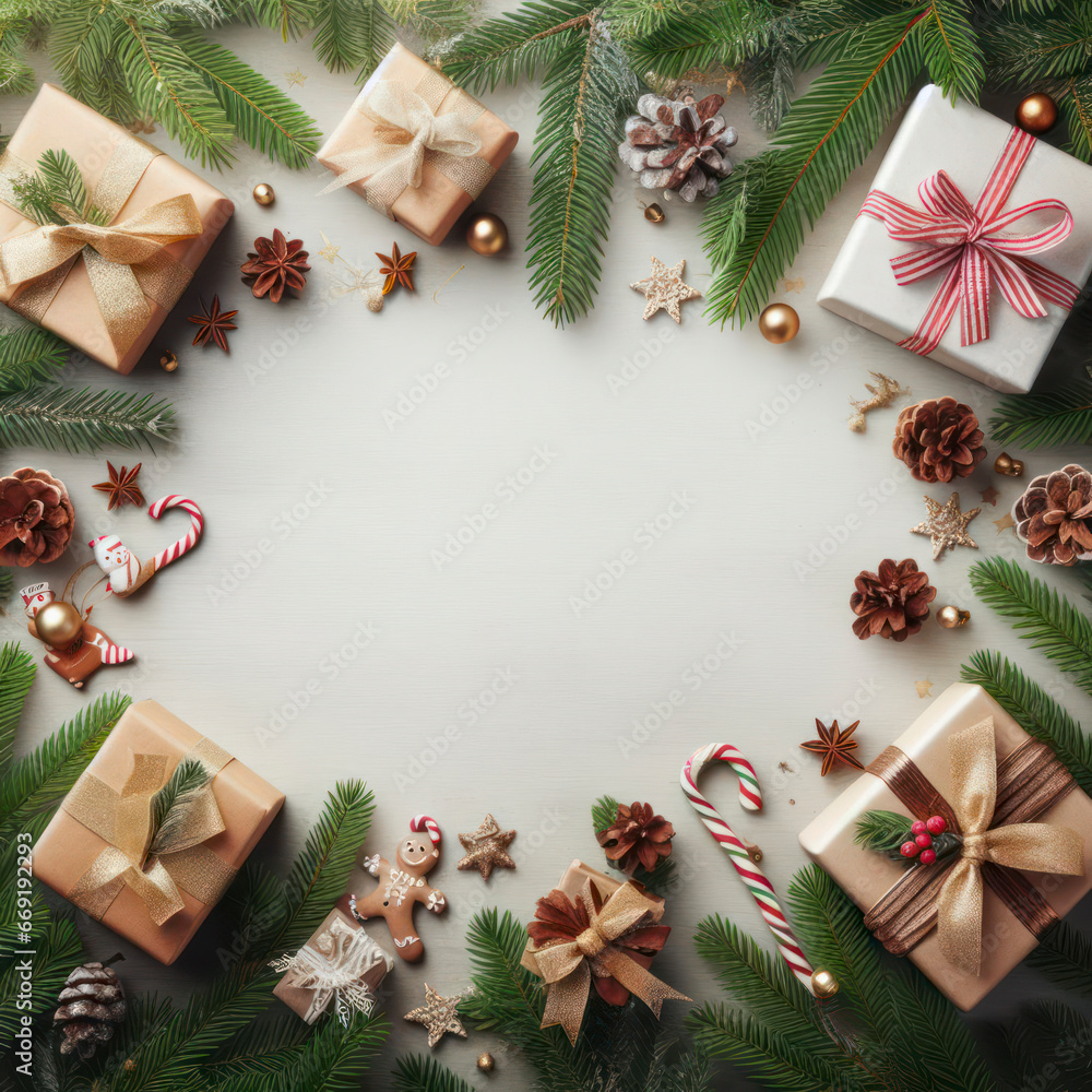 Aufkleber christmas gifts with fir tree branches background with blank copy space. ai generative