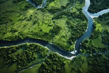 Aerial view of a meandering river through lush green fields.