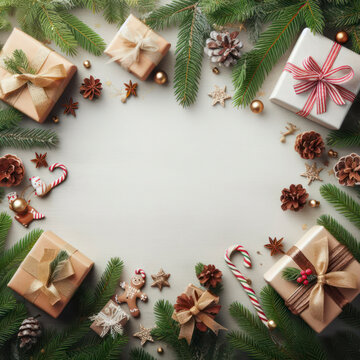 Christmas gifts with fir tree branches background with blank copy space. ai generative