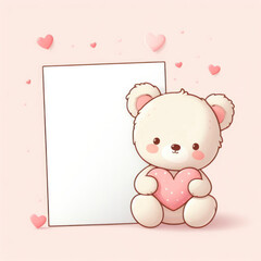 Cute teddy bear with white card and red heart pastel background. ai generative