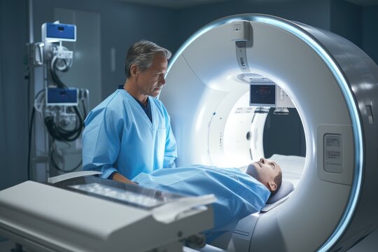 Doctor using advanced machinery for medical imaging diagnostics.
