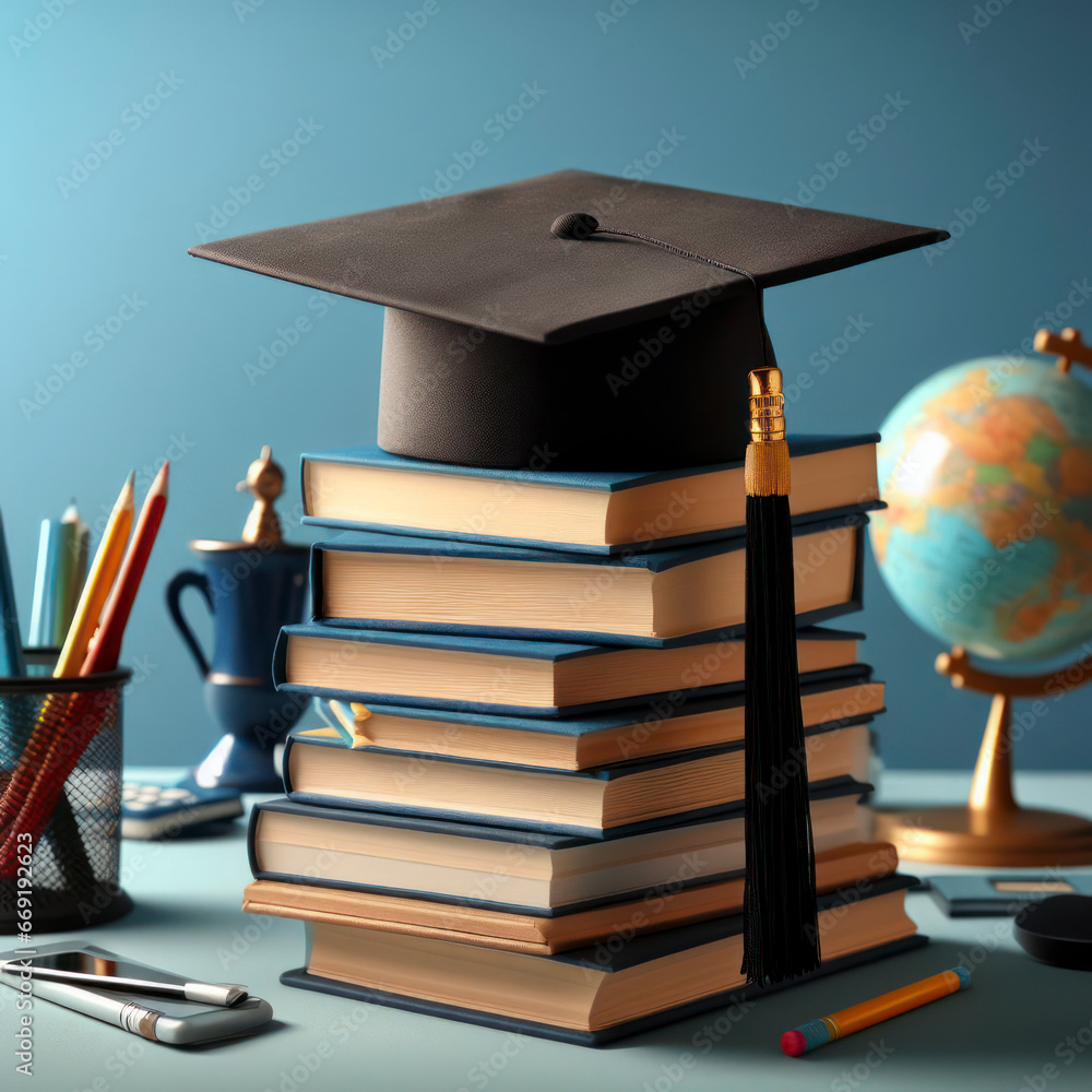 Poster graduation cap on stack of books on color background. ai generative