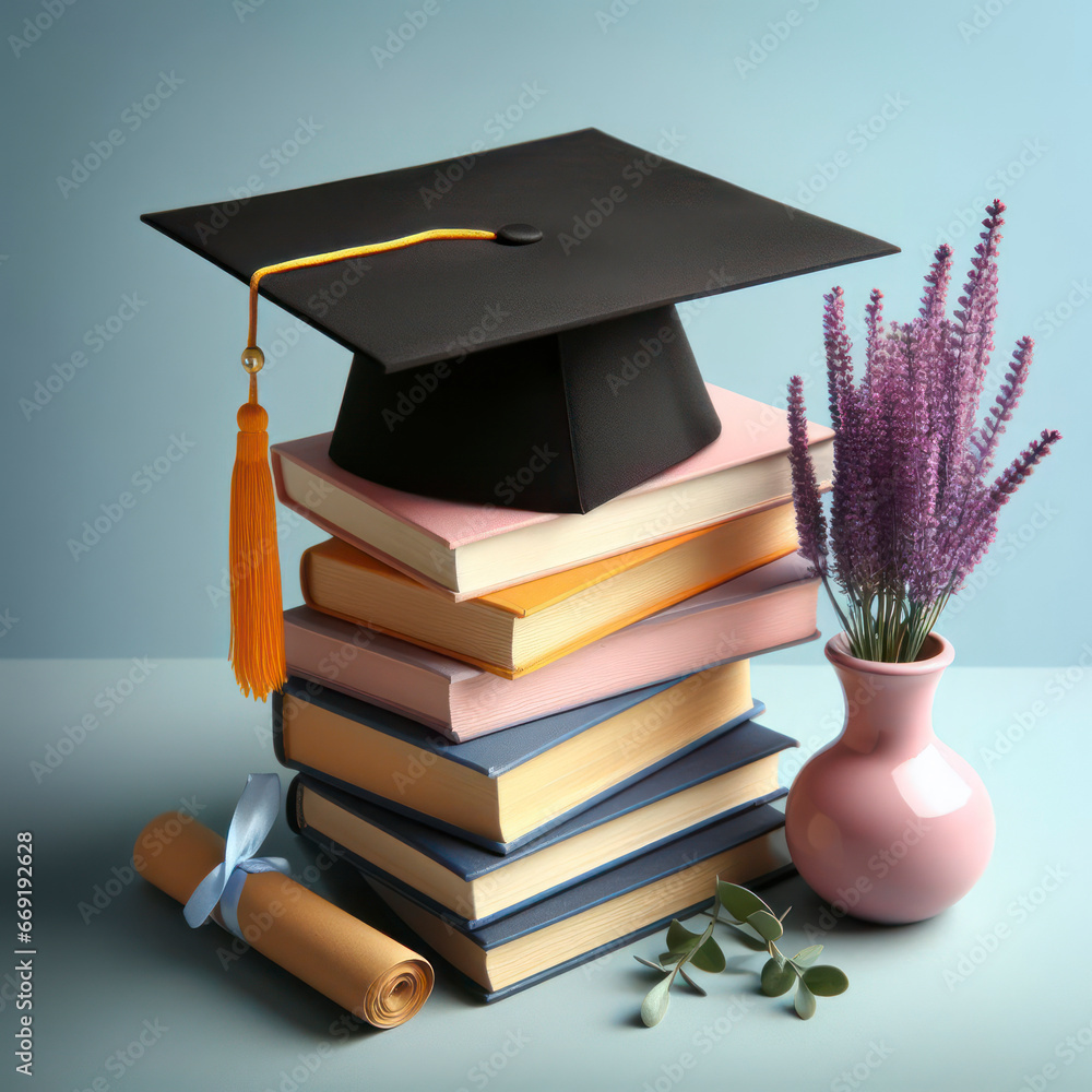 Poster graduation cap on stack of books on color background. ai generative