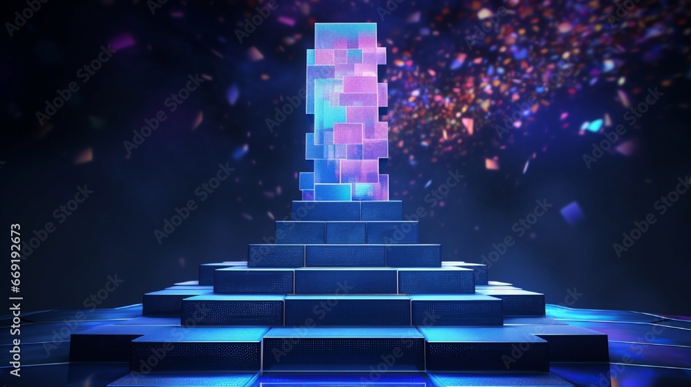 Poster mosaic podium decked in an array of holographic tiles that alter their hue depending on the angle.