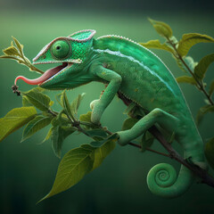 Fototapeta premium Green colored chameleon on stem. ai generative