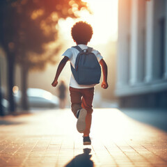 Happy little boy back view running after day at school on street. ai generative