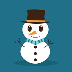 Snowman in flat style on a blue background. Winter symbol, icon. Design element for Christmas or New Year cards.