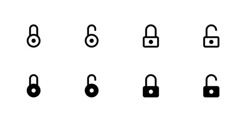 Lock icon collection. Locked and unlocked black line icon set. Flat security symbol. Vector illustration.