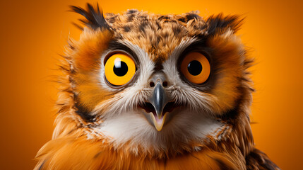 Fototapeta premium portrait of a surprised owl on a yellow background, banner for sale or advertising, promo action 