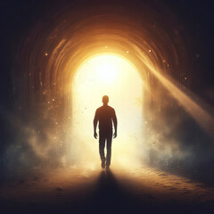 person walking towards to the light at the end of tunnel. ai generative