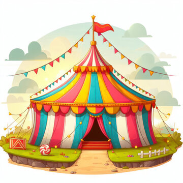photo of a colorful circus tent with a flag flying proudly on top. ai generative