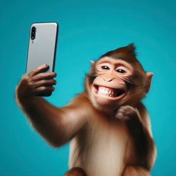 photo Smiling monkey taking a selfie with smartphone. ai generative