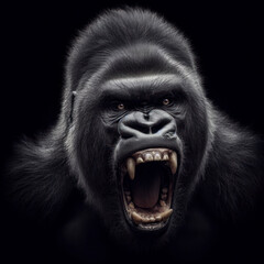 Obraz premium Screaming angry gorilla. Wild animal look camera on black background. ai generative