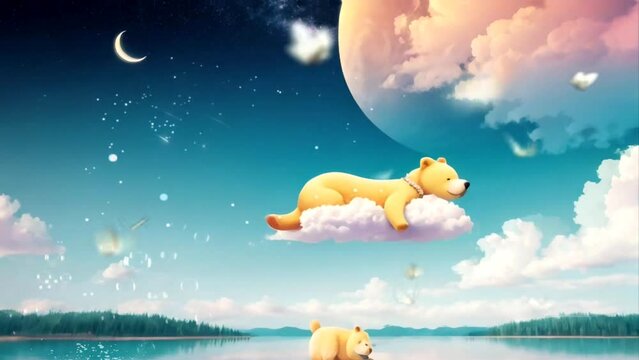 Cartoon animation of baby lullabies. Fantasy cute bear flying above the clouds with natural panorama. Seamless looping virtual video background