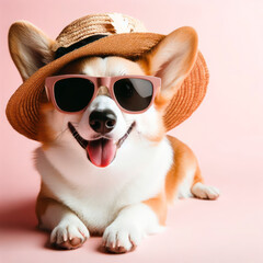 Summer style corgi dog in sunglasses and straw hat. ai generative