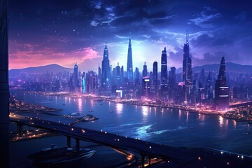 Fototapeta na wymiar Futuristic cyberpunk cityscape at night.