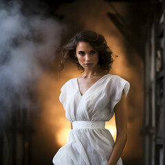 Fototapeta premium A woman in white dress standing in front of smoke, messy hair, backlit, in the style of gritty hollywood glamour, movie still