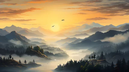 Stickers meubles Orange Create an atmospheric and visually striking landscape illustration capturing the serene beauty of dawn. Envelop the scene in a mysterious mist that delicately diffuses the strong, golden sunlight. 