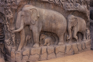 Naklejka premium Stone Sculpture of Elephant in Mahabalipuram World Heritage Center
