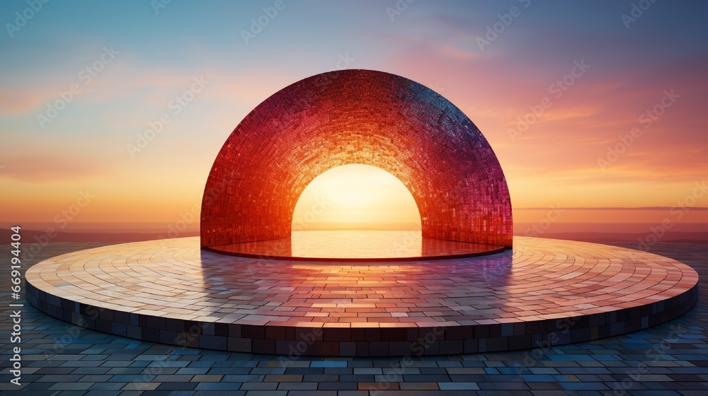 Poster mosaic podium gleaming with a radiant gradient, transitioning from dawn to dusk hues.